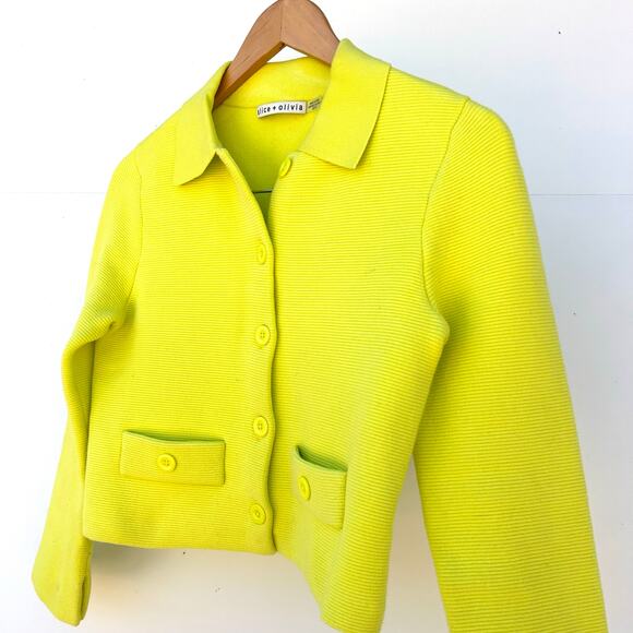 Alice + Olivia Ila Knit Neon Collared Cardigan Sweater Top Green Yellow XS - Picture 8 of 12